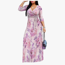 PinkPatty Women's Plus Size Maxi Dresses 3/4 Sleeves Bohemian Long Dress Printed Swing Dress with Belt , Size 2XL