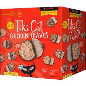 Tiki Cat Wet Cat Food Mega Pack, Chicken Craves Variety Pack, 2.8 oz. Cans (36 Count) (EXP 10/31/28)