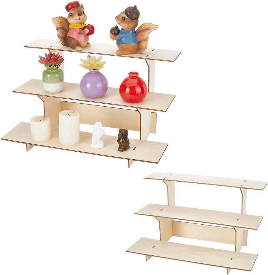 AHANDMAKER 2set 3 Tier Wooden Display Shelves, Straight Retail Display Stand with 3 Steps Self Assembled Solid Wood Products Rack for Vendor Events Tradeshows Jewelry Market Home Decoration