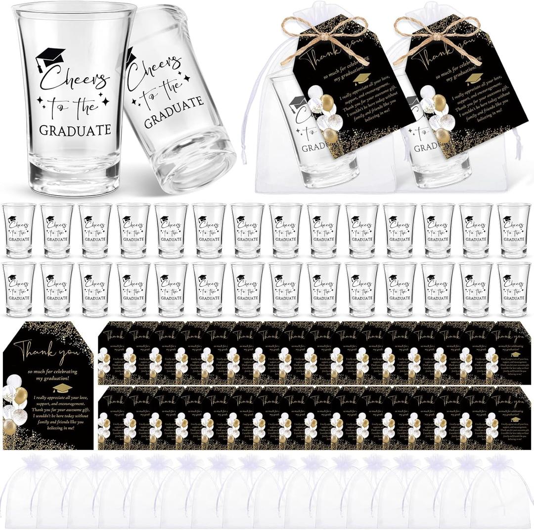 Maxcheck 50 Sets Graduation Party Favors for Guests Cheers to the Graduate Acrylic Shot Glasses with Thank You Cards and Organza Bags Graduation Gifts for Teacher Classmates Family(Black)