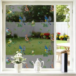 2 x One Way Privacy Window Film for Home, 99% Heat UV Blocking Window Tint, Birds & Leaves Decorative Static Cling Film, Professional Squeegee for Bubble-Free Install, No Residue, 17.5"W x 78.7"H