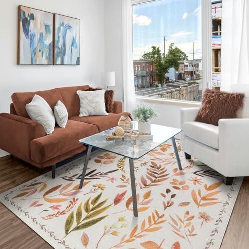 Syalife 6x9 Area Rugs, Non Slip Washable Low Pile Large Rugs for Living Room, Bedroom, Dining Room, Kids Playroom, Farmhouse (Orange Leafy, 6'x9')