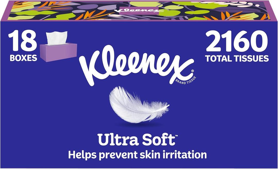 Kleenex Ultra Soft Facial Tissues, 18 Flat Boxes, 120 Tissues per Box, 3-Ply (2,160 Total)
