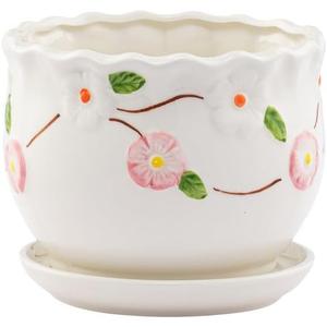 Napco Vintage Floral Ceramic Planter with Drainage & Saucer White Scalloped Flower Pot with Pink Apple Blossom Design, Medium 5.5 x 6 Inch for House Plants, Succulents & Herbs, Cottage Home Dcor