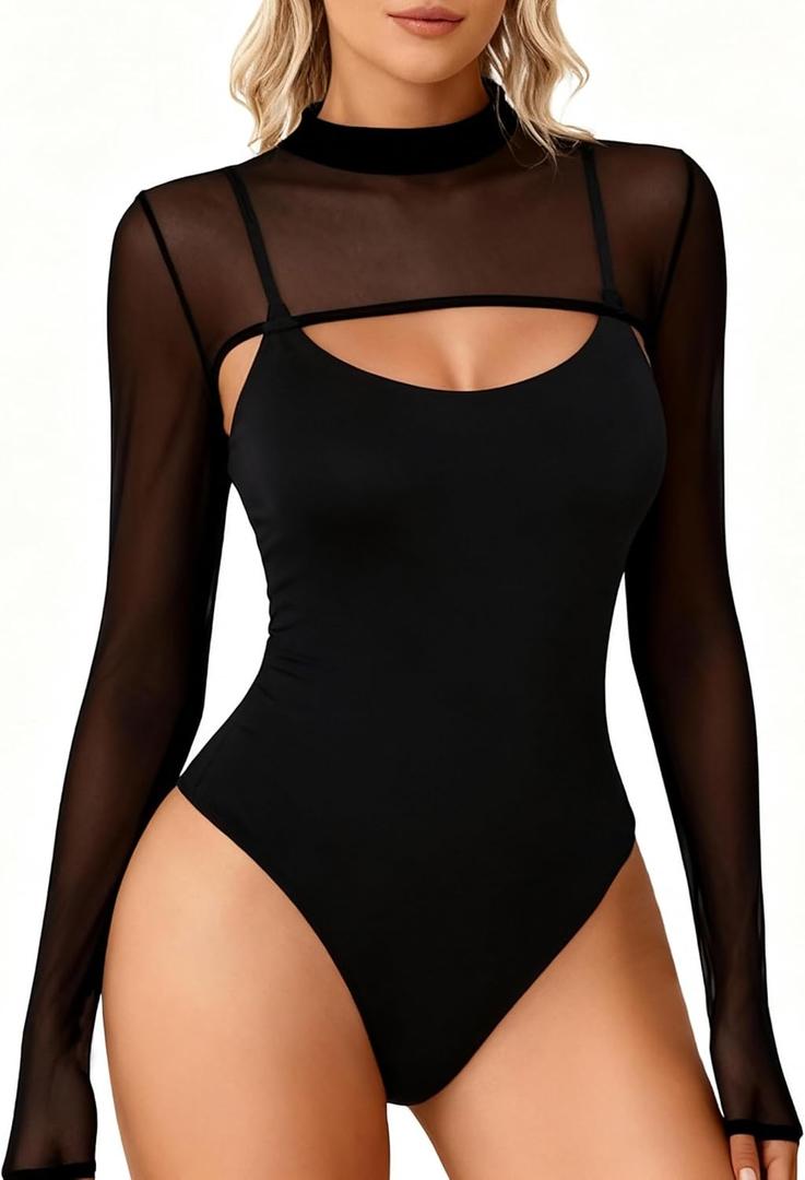 Avidlove Women Sexy Bodysuit Mesh Two Piece Outfit Cami Bodysuit Tops, Medium