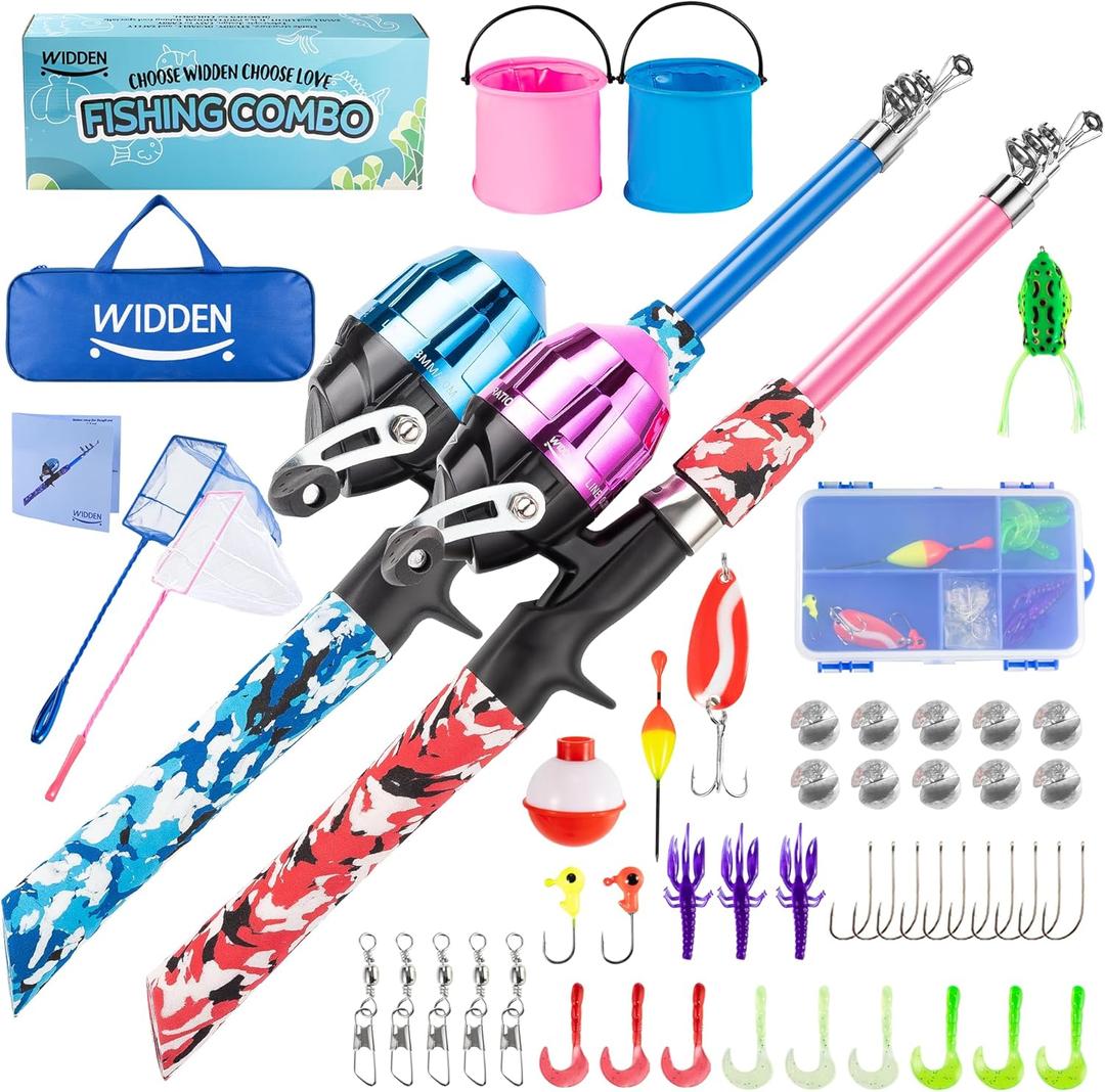 WIDDEN Kids Fishing Pole, Portable Telescopic Kids Fishing Poles for Boys and Girls, Fishing Rod and Reel Combo Kit with Tackle Box, and Fishing Net, Best Fishing Pole for Toddler Youth, Blue Pink