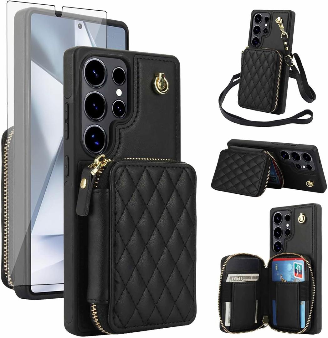 Phone Case for Samsung Galaxy S24 Ultra 5G Wallet Cell Cover with Tempered Glass Screen Protector Wrist Crossbody Strap RFID Blocking Credit Card Holder TPU S24Ultra 24S S 24 24Ultra Women Girls Black