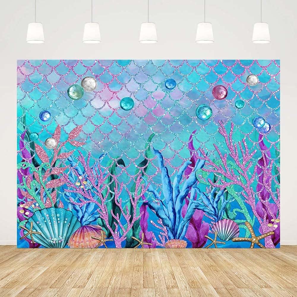 7x5ft Under The Sea Backdrop for Photoshoot Purple Corals Pearls Photography Background Little Mermaid Party Decorations for Girls Photo Shoot Props Cake Table Banner