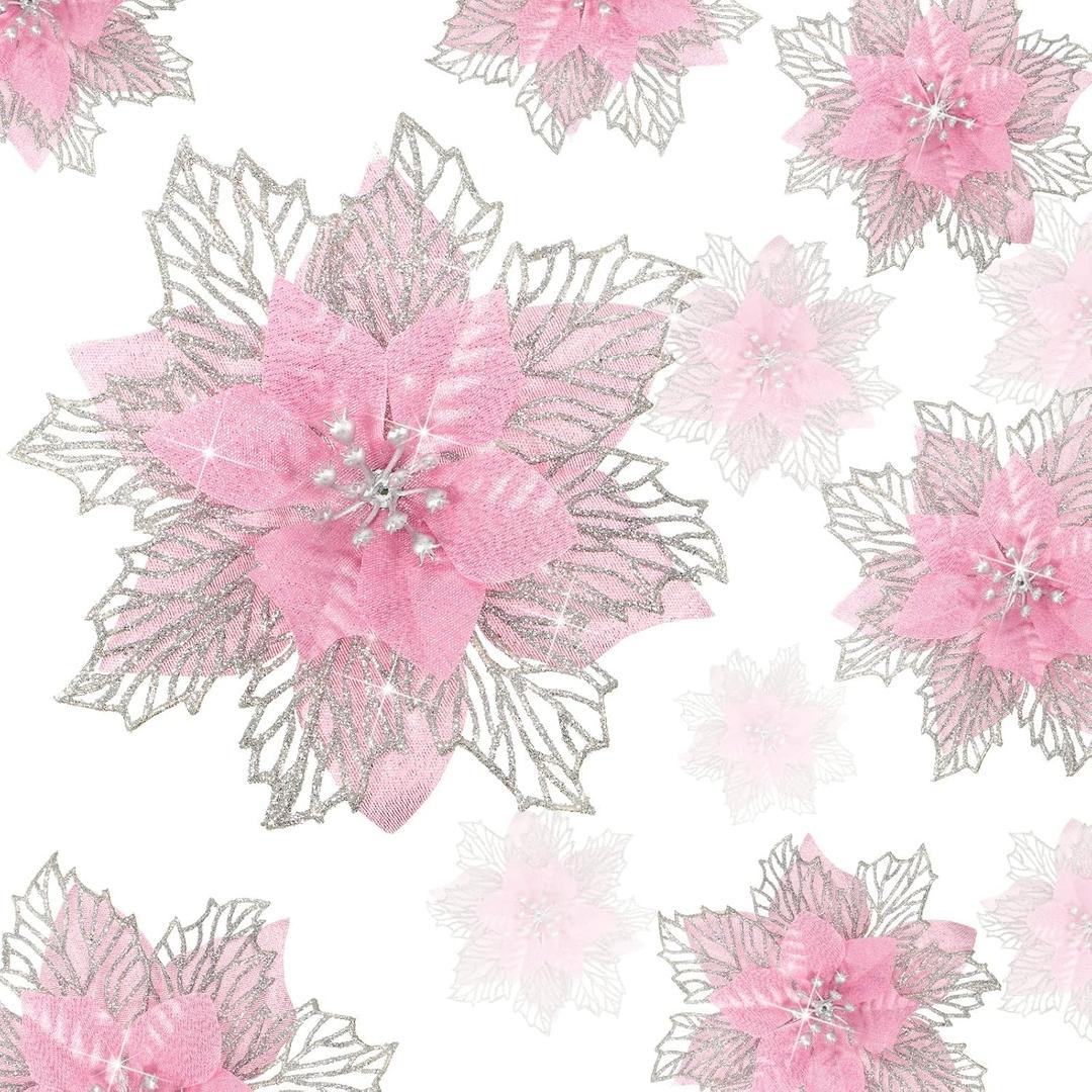 Geosar 36 Pcs 3 Size Christmas Poinsettia Flowers 3'' 4'' 6'' Tree Decorations Glitter Faux Flowers Xmas Artificial Poinsettia Ornaments New Year for Party Favor(Pink)