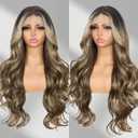 Brown mix Blonde Lace Front Wig for Women 13x4 Body Wave Synthetic Wigs Highlight Pre-plucked Long Wavy Wig 150% Density Heat Resistant Hair Replacement Wigs 26 Inch