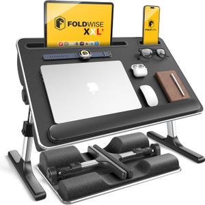 FoldWise 2-in-1 Lap & Bed Desk with Soft Cushions - Adjustable Height & Angle, Foldable Laptop Stand for Bed & Couch - Wrist Rest, iPad Holder, Stopper & Non-Slip Leather - Bed Table for Adults & Kids (Black)