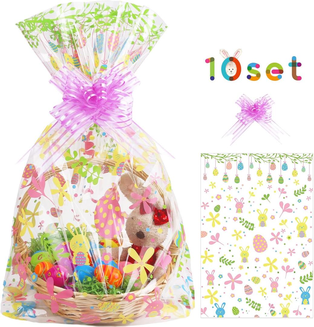 WeDoSoy 10 Pack Easter Basket Bags, Large Cellophane Bags - 22x32 Inches Cello Basket Bag Easter Eggs Bunny Wrap Bag with 10 Pieces Pull Bow, Cellophane Wrapping for Gift Packaging Party Decorations