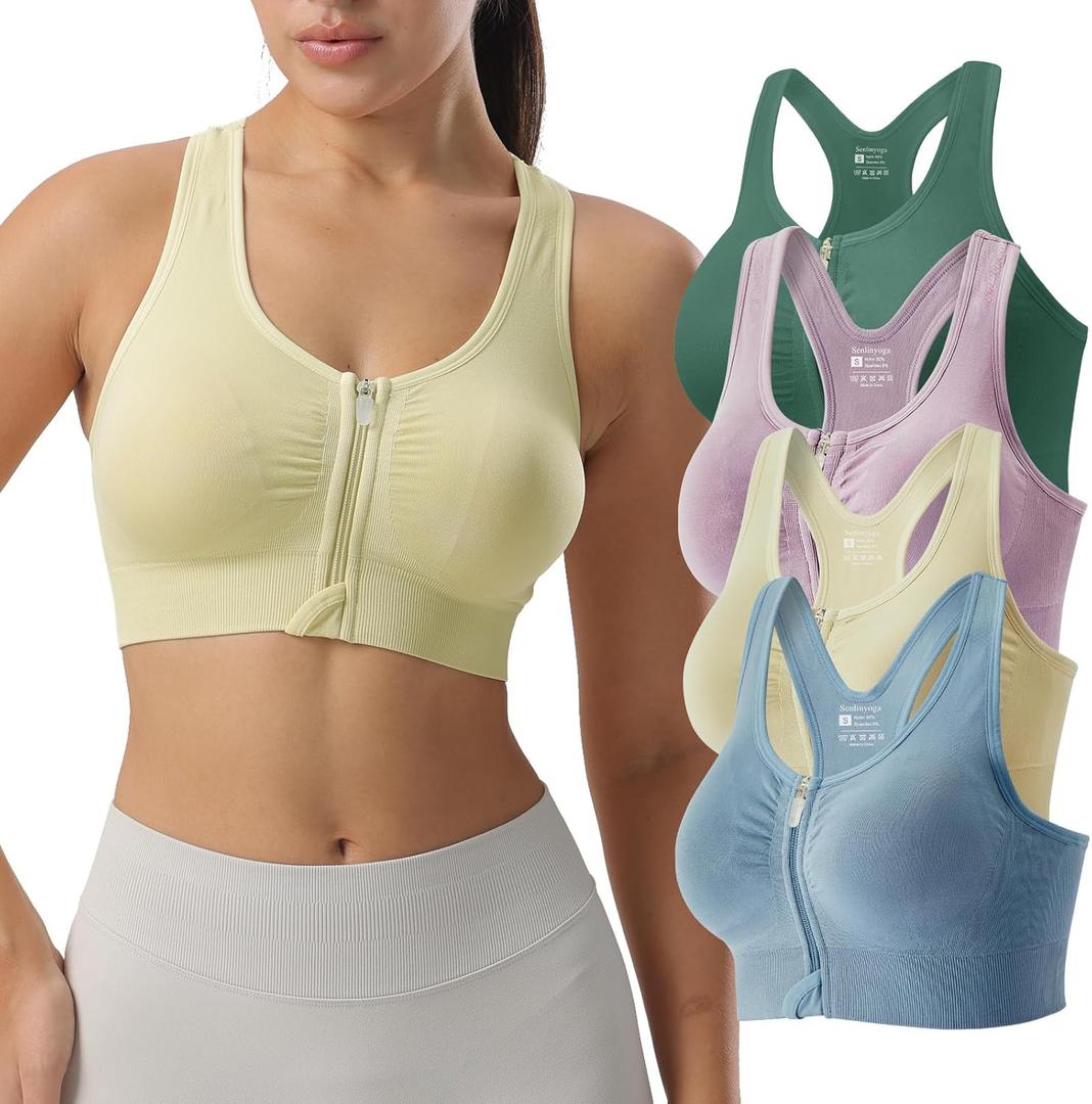 Zip Front Sports Bras for Women-Raceback Medium Support Padded Bra for Workout Yoga Gym Running (Large, Skin+laurel+purple+blue)