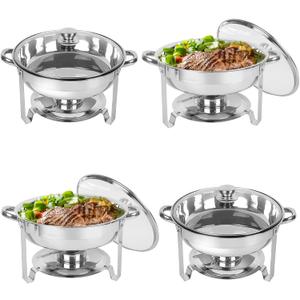 IMACONE Chafing Dish Buffet Set 4 Pack, 5QT Round Stainless Steel Chafer for Catering in Glass Lid, Chafers and Buffet Warmer Sets w/Food & Water Pan, Lid, Frame, Fuel Holder for Event Party Holiday
