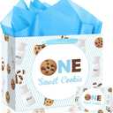 Milk and Cookies 1st Birthday Gift Bags - One Sweet Cookie Gift Bag with Greeting Card Tissue Papers Milk Theme First Birthday Wrapping Paper Bag for Baby Boys One Year Old Bday Party Favors