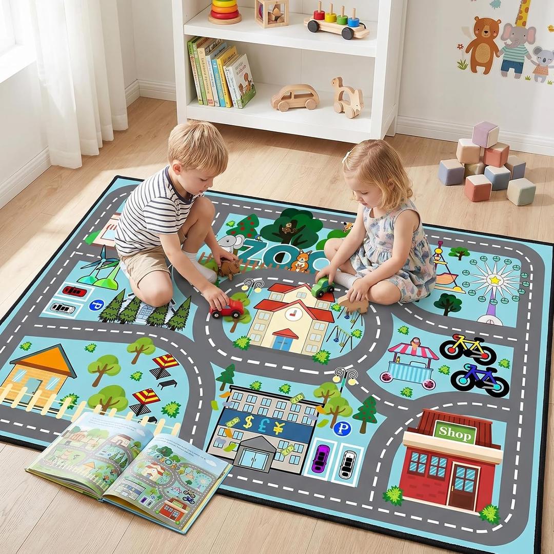 Car Rug Play Mat 8x10 Feet - Road Rug for Kids Boys Room, Fun Race Track Traffic Road Carpet for Boys Playmat Educational Learn, Car Carpet for Kids Room Decor Playmat Bedroom Playroom