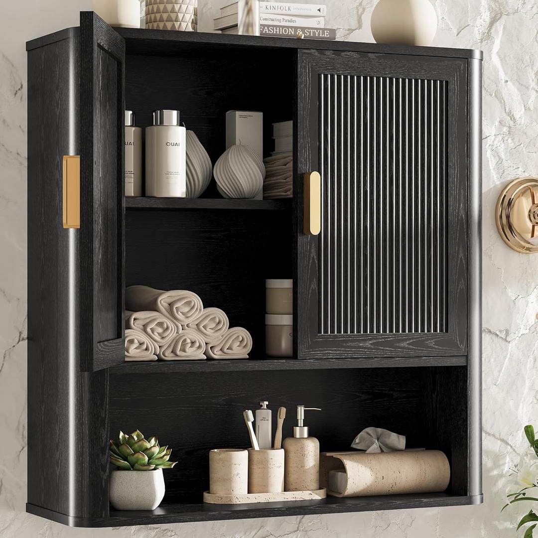 INNOD Bathroom Wall Cabinet, Wall-Mounted Medicine Cabinet with Adjustable Wood Shelf & Doors, Floating Bathroom Cabinet Over Toilet for Laundry Room & Kitchen & Living Room (Black)8"D x 23.5"W x 24.5"H