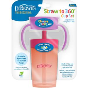 Dr. Brown's Milestones Straw to 360 Convertible Toddler Training Cup Set, 10 oz/300 mL, Interchangeable Silicone Straw and 360 Lids, Pink Coral, BPA-Free, 9m+, 1-Pack