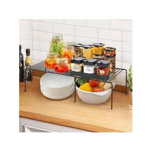 Ravinte Freezer Shelf Organizer, Expandable Cabinet Storage Shelf with Rustproof Metal Wire, Adjustable Kitchen Cabinet Organizer Spice Rack for Frige, Pantry, Cupboard, Countertop - Black