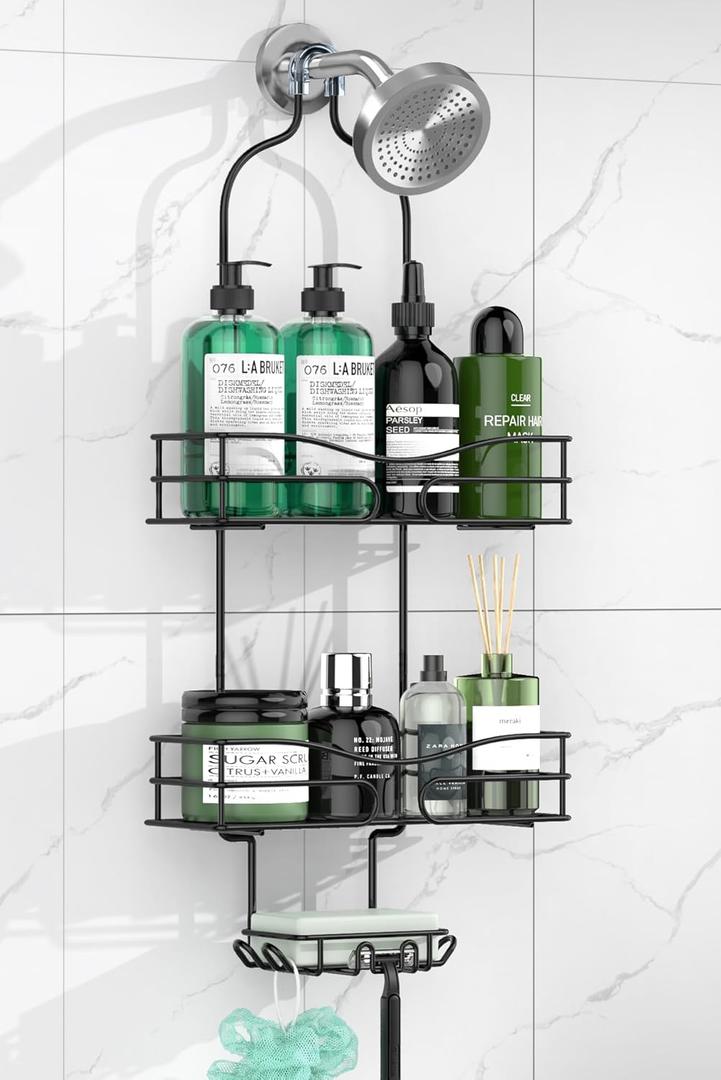 Bathroom Shower Caddy Hanging - 3-Tier Organizer with Soap Holder & 6 Hooks for Towels, Sponge; Fits 21mm Shower Head Arm, Black