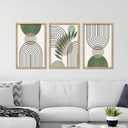 Sage Green Boho Wall Art Decor 16"x11" Set of 3 Minimalist Geometric Line Leaf Sun Moon Artwork Paintings Living Room Office Abstract Botanical Soild Wood Framed Sign Wall Hanging (Wood)