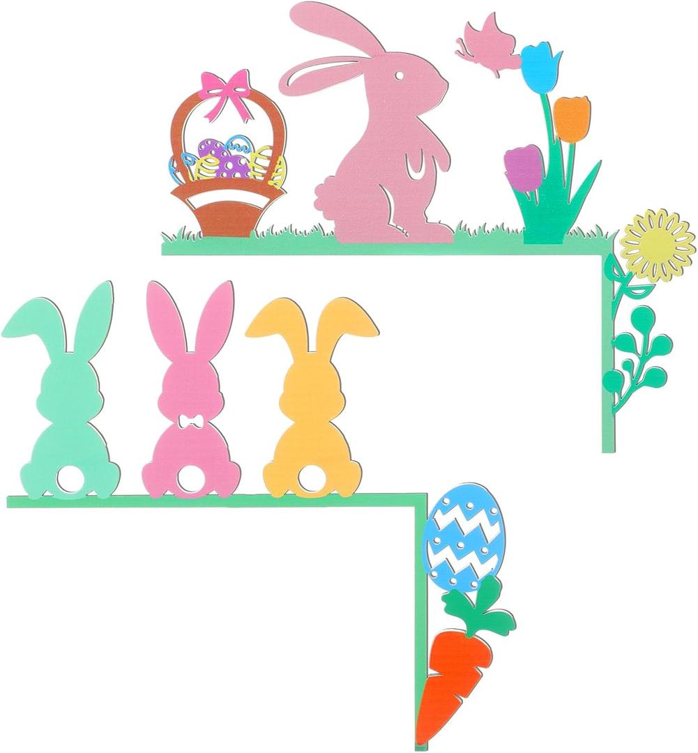 Wesiti 2 Pcs Easter Door Topper Bunny Carrot Egg Door Frame Corner Decoration Spring Sign Rabbit Wooden Decor Easter Props Gifts Cabinet Knob Covers for Wall Window Decor