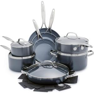 GreenPan Valencia Pro Ceramic Nonstick 16 Piece Cookware Set, Hard Anodized PFAS-Free Pots & Pans, Induction Ready, Compatible on All Cooktops, Dishwasher Safe, Oven Safe to 600F, Gray