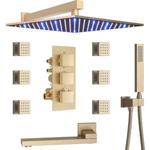 Brushed Gold Thermostatic Shower System with Tub Spout | 4-Way Diverter Faucet with 12 inch Wall Mounted Shower Head and Handheld, 6 PCS Body Jets