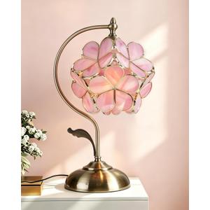 Tiffany Style Flower Table Lamp, Vintage Cherry Blossom Stained Glass Lamp with Brass Base for Bedroom Bedside Home Decor, Blush Coral (Pink)