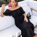 2 x Women's Summer Boho Off Shoulder Midi Dress Ruffle Sleeve Smocked Elastic Waist Flowy Dresses (Black, S)