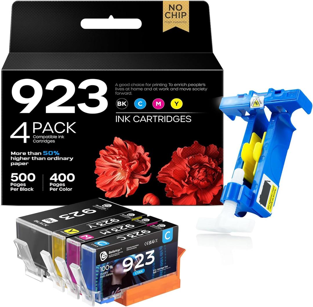 923 Ink Cartridges (Without Chip) Work for HP 923 923XL Ink Cartridges Combo Pack Compatible with HP OfficeJet 8120 8122e 8123 OfficeJet Pro 8130 8135e 8138e 8139e Printers- 4 Pack