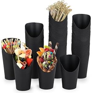 12 oz Charcuterie Cups with Sticks, 100pcs Charcuterie Cups Disposable French Fries Cup, Brown Kraft Paper Appetizer Cup with 200pcs Cocktail Picks for Snack, Dessert or all Occasions (Black)