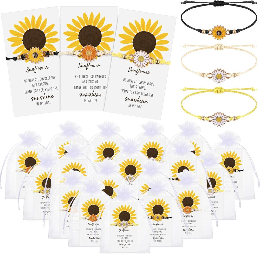 Huquary 36 Set Inspirational Gifts Bulk Sunflower Bracelets for Women Handmade Sunflower Bracelets with Thank You Cards for Friendship Women Coworker Sunshine Party Favors
