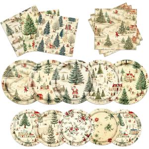 GREHUMOR Vintage Christmas Party Decorations Retro Christmas Paper Plates and Napkins Retro Santa Tree Red Berries Serve 20 for Winter Xmas Holiday Party Supplies