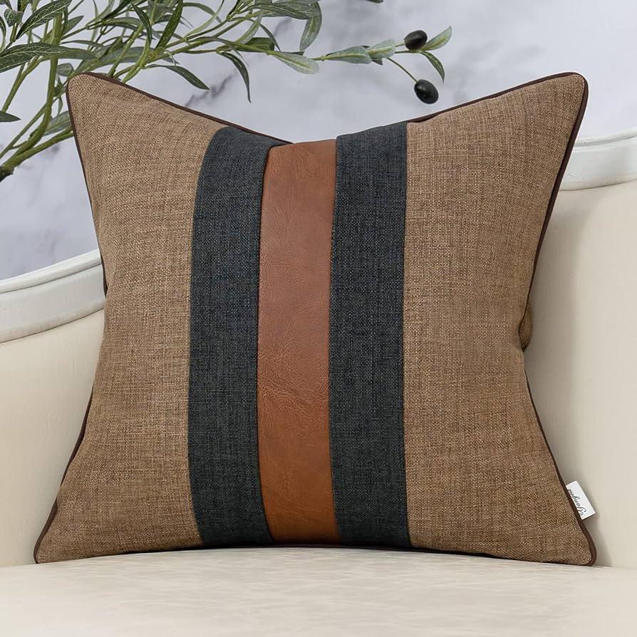 2 Packs Yangest Patchwork Pillow Cover 18x18 Inch Luxury Cotton and Linen Cushion Cover Faux Leather Pillowcover for Couch Bedroom Living Room, Brown
