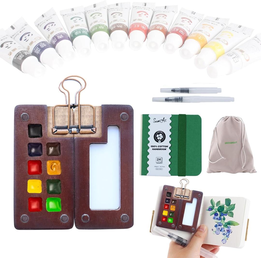 Tobios Watercolor Set Tobios Mini Watercolor Paint Set Travel Watercolor Sets Mini Paint Pad Pocket Artist Watercolour Travel Sets Pocket Watercolour Kit Portable Paint Palette (Pine green9 Grids)