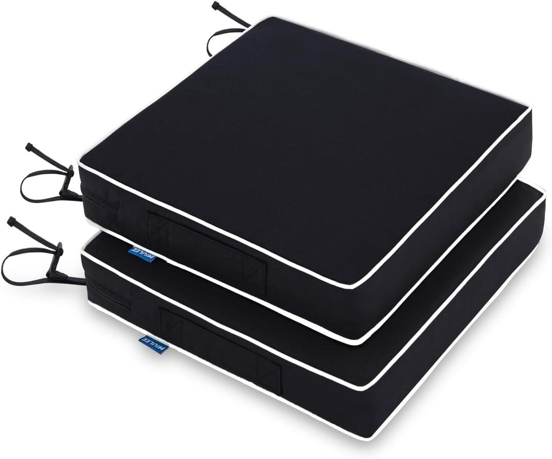 MIULEE 22 x 22 x 3 Outdoor Chair Cushions,Waterproof Seat Cushions with Adjustable Straps,Set of 2 Patio Chair Cushions for Patio Furniture Garden,Black