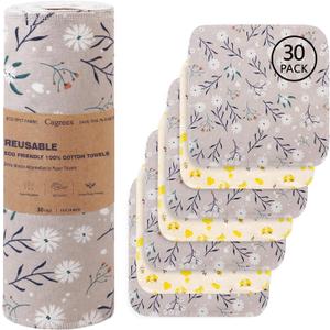 Reusable Dishcloths Kitchen Towels Cotton: 30 Packs 10X10 Washable Roll Paperless Paper Towels Absorbent Dishcloths Set Dish Tea Towel for Kitchen Drying (15Bee+15Daisy, 1010") (02 Multicolor)