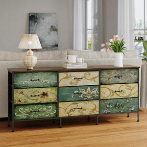 Tohomeor Dresser with Drawers for Bedroom Chest of Drawers Fabric Dresser for Closet,Nursery Entryway Hall Tree TV Stand for Living Room Retro Floral Pattern Drawers Wooden Top (Wide 9 Drawers) (11.8"D x 62.9"W x 26.7"H (9 Drawers))