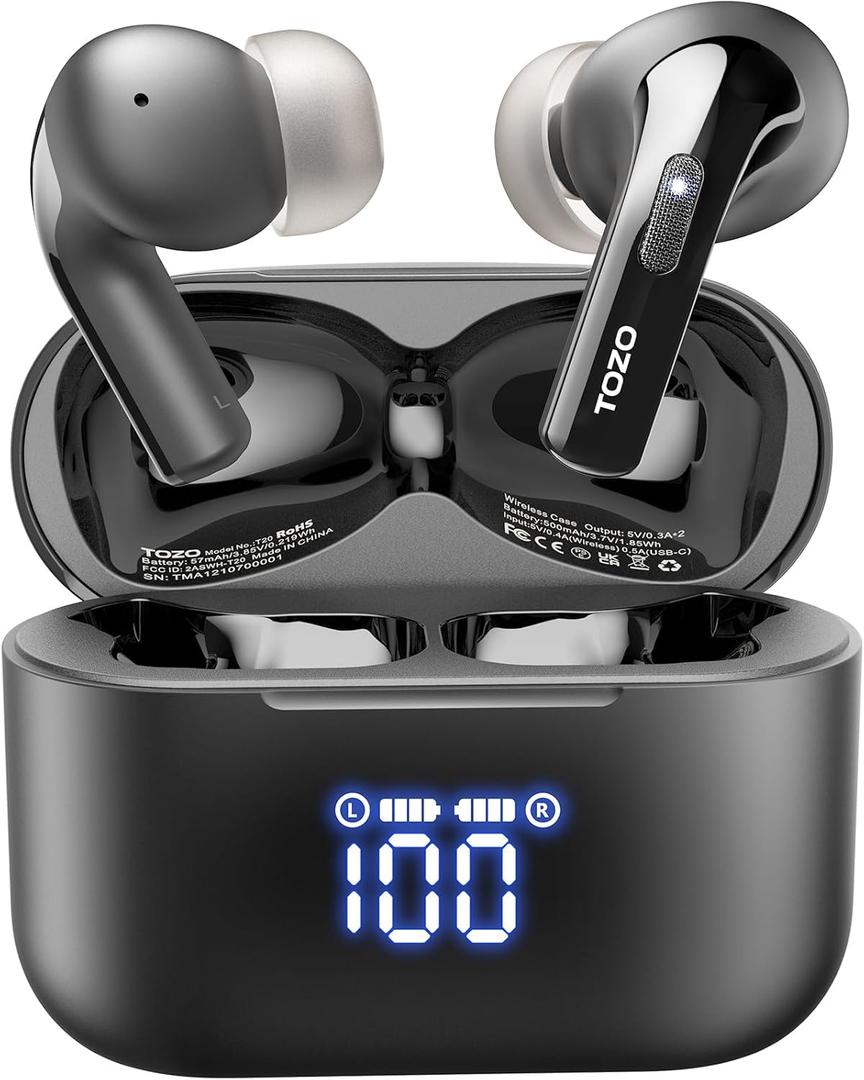 TOZO T20 Wireless Earbuds Bluetooth Headphones 48.5 Hrs Playtime with LED Digital Display, IPX8 Waterproof, Dual Mic Call Noise Cancelling 10mm Broad Range Speakers with Wireless Charging Case, Black
