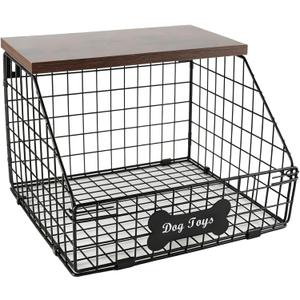 Metal Dog Toy Basket (11.8"x12"x8"),Dog Storage Organizer,Trapezoid Dog Toy Bin for Dog Accessories,Pet Stuff Storage Rack with Wood Shelf-Sturdy and Easy to Assemble
