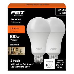 Feit Electric A19 LED Light Bulb, 100W Equivalent, Dimmable, E26 Base, CRI 90, 1600 Lumens, 2700K Soft White, General Purpose Light Bulb, 22-Year Lifetime, OM100DM/927CA/2, 2 Pack