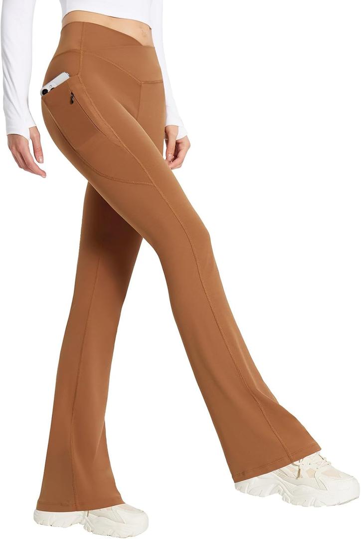 baleaf Women's Flare Leggings with Zipper Pockets Crossover High Waist Bootcut Yoga Pants Tummy Control Bell Bottom Leggings (XL)