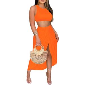 LYANER Women's 2 Piece Outfits Sleeveless Tank Crop Top and Wrap Split Slit Ruched Bodycon Midi Skirt (X-Large, Bright Orange) LYANER Women's 2 Piece Outfits Sleeveless Tank Crop Top and Wrap Split Slit Ruched Bodycon Midi Skirt (X-Large, Bright Orange)