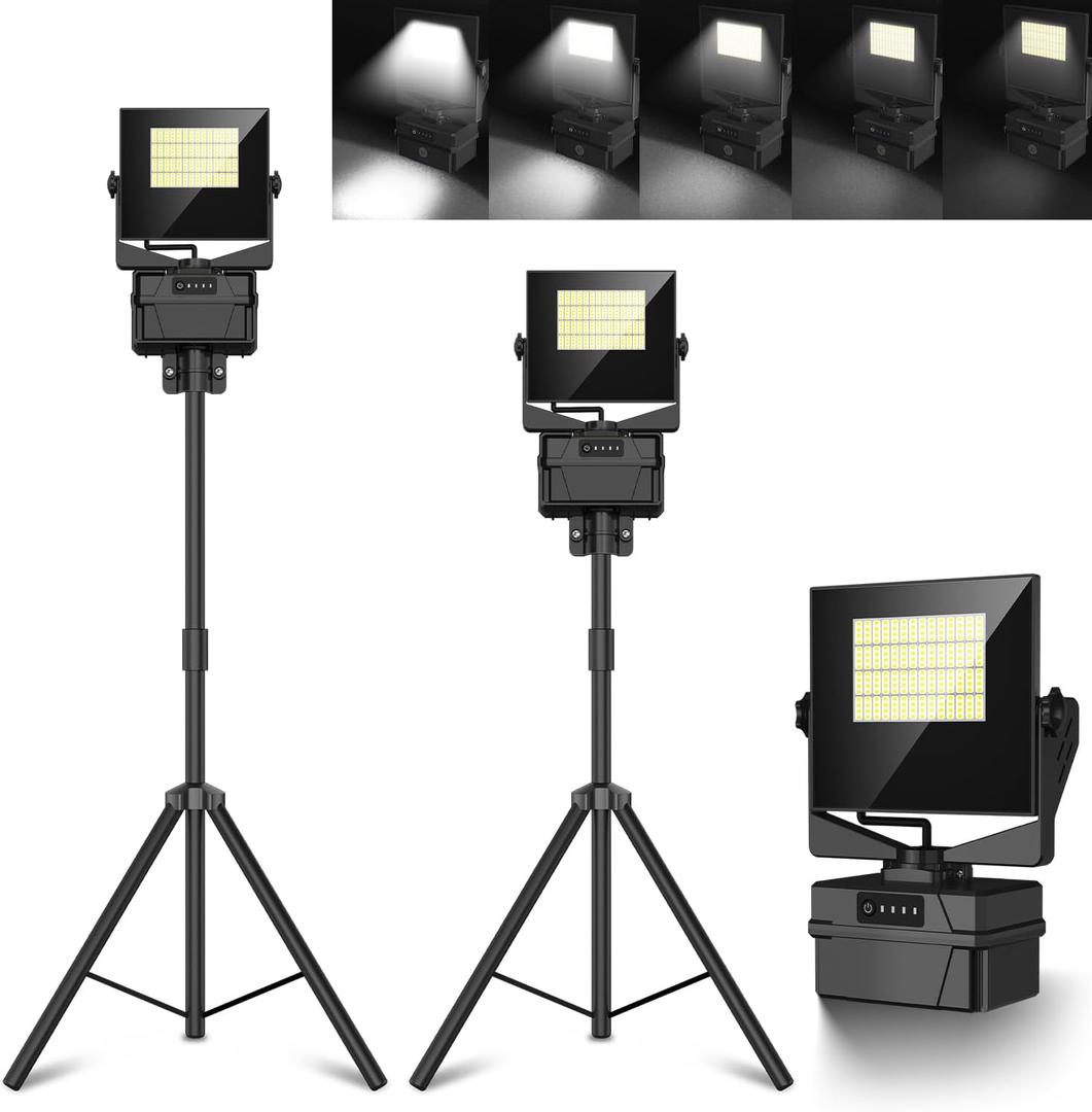 10000mAh Rechargeable Work Light with Stand 5 ft Max Height, Cordless Work Light Dimmable 10000 Lumens Tripod Work Light Construction Essentials Gear Emergency floodlight with Detachable Tripod