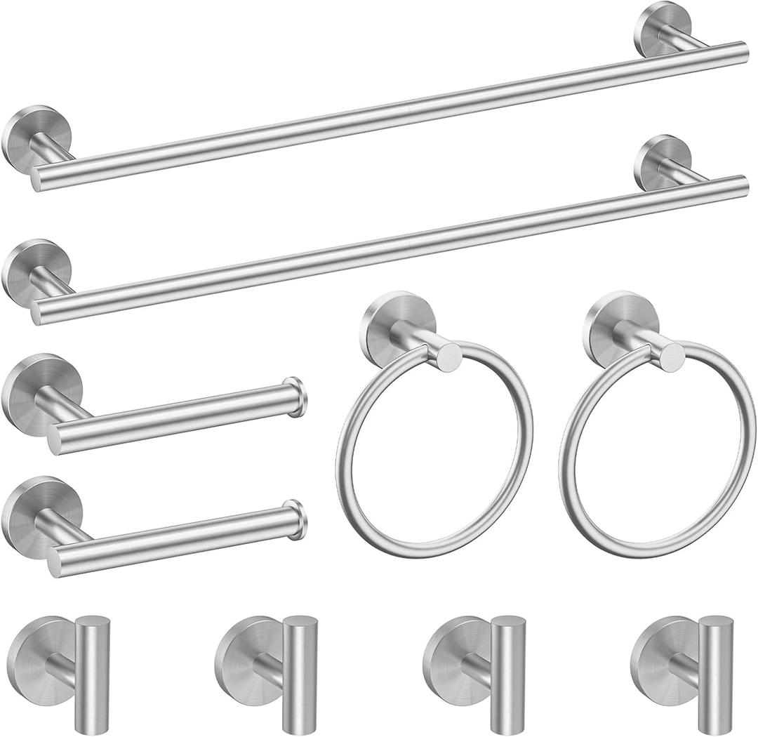 Newfun 10-Pieces Bathroom Hardware Set, Includes 24 Inch Towel Racks for Bathroom Wall Mounted, Toilet Paper Holder, Towel Hooks for Bathrooms, Towel Rings for Bathroom Wall (Brushed Nickel)