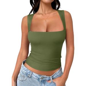 REORIA Butsmooth Women's Square Neck Going Out Crop Tops Double Lined Cute Basic Tank Tops 2025 Clothes (Dark Green) S