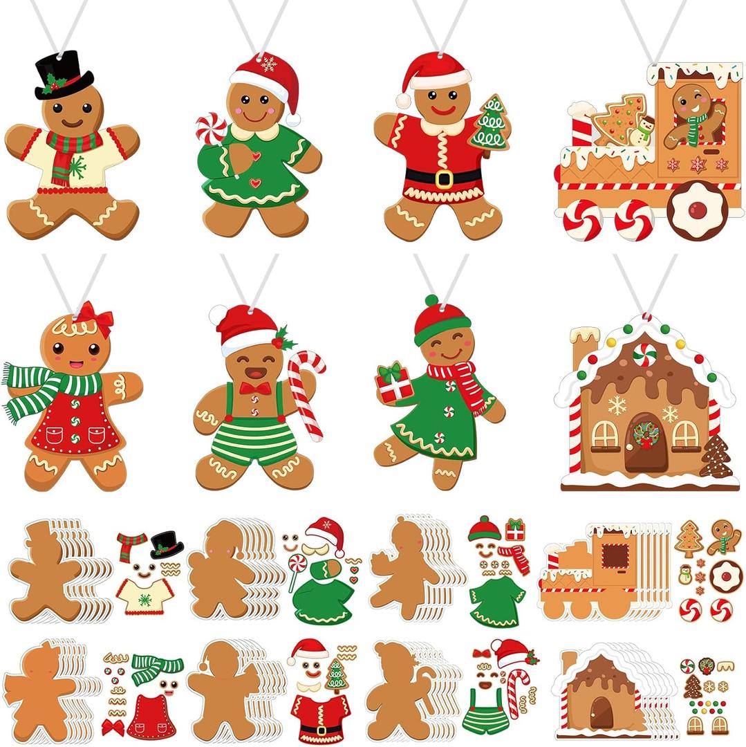 Funrous 48 Pcs Christmas Gingerbread Men Crafts Kit Make Your Own Gingerbread Man Hanging Ornaments DIY Arts and Crafts Christmas Tree Decor Stickers Xmas Holiday Winter Home Classroom Activities