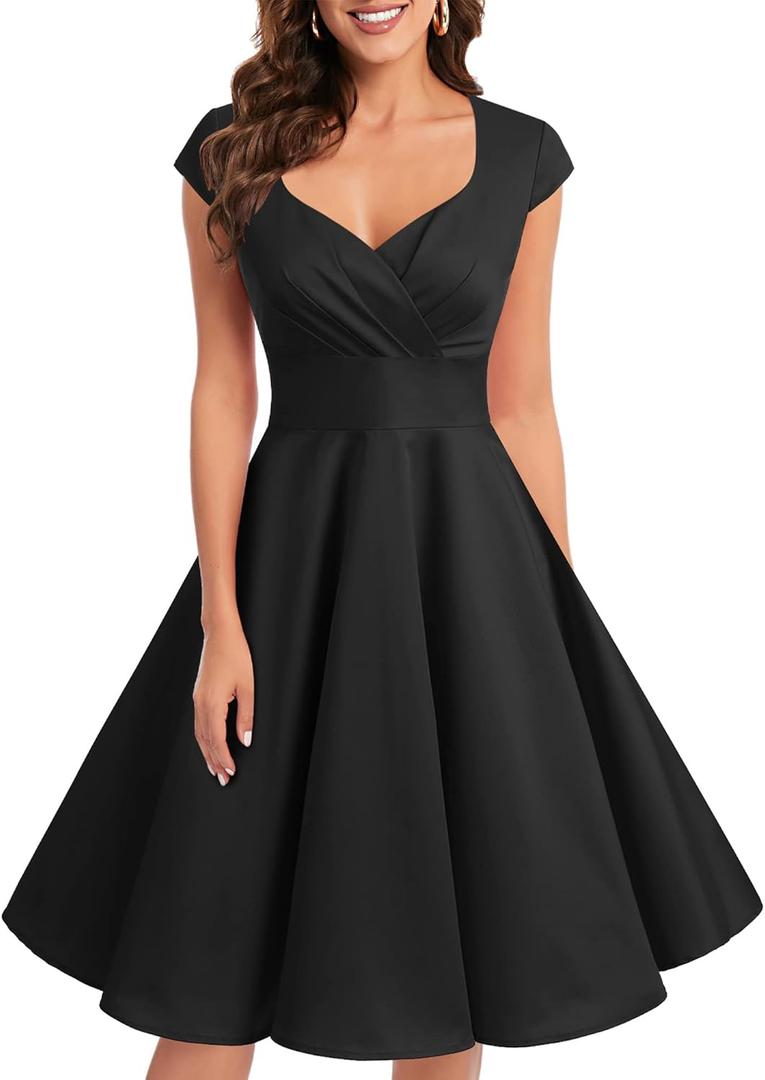 Bbonlinedress Women Short 1950s Retro Vintage Cocktail Party Swing Dresses (Medium, Black)