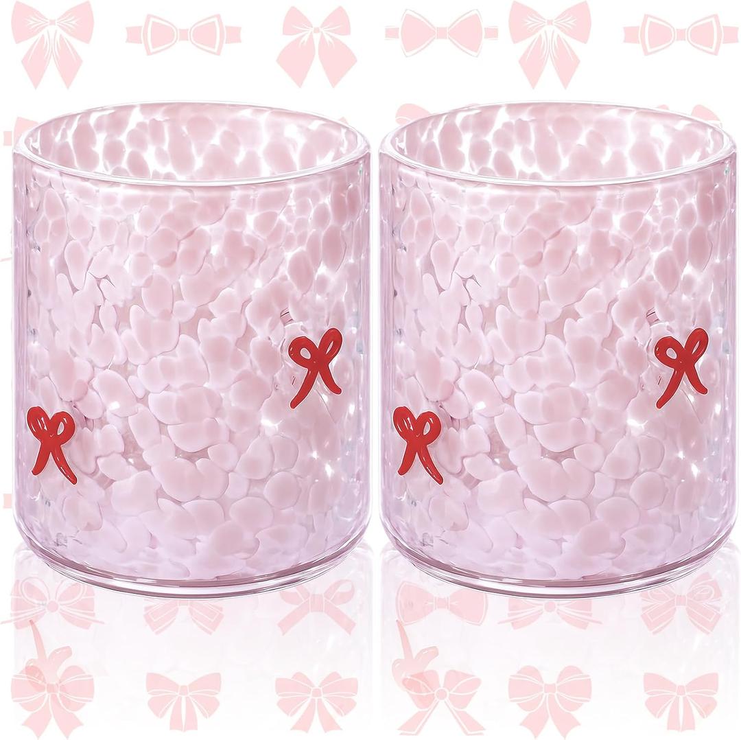 2 Pcs Pink Bow Icon Juice Glass 14 oz Bow Reusable Stemless Icon Drinking Glasses Cups for Birthday Wedding Party Supplies Gift, Large (EXP 12/08/26)